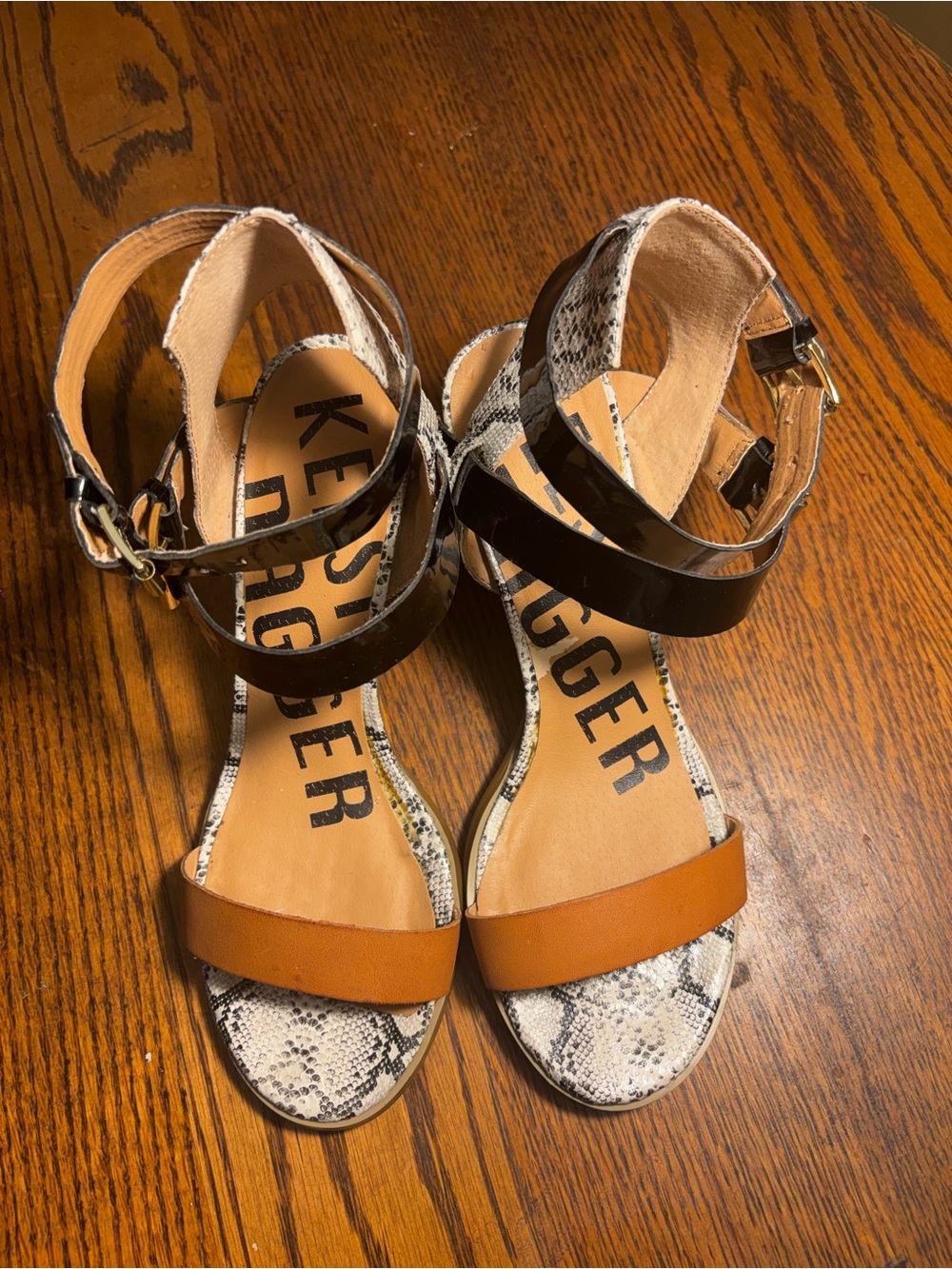 Kelsi Dagger Snake Print Sandals with Black and Tan Straps